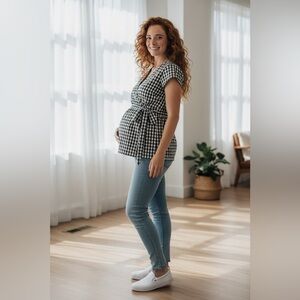 Motherhood V-neck, black & white plaid pullover maternity shirt size small